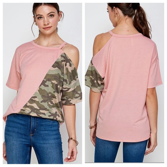 Dusty rose and camouflaged cold shoulder top - Picture 1 of 5